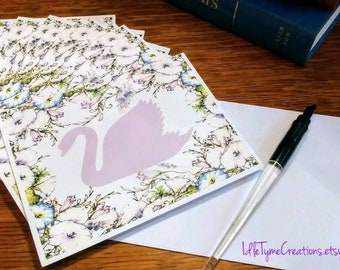 Swan Note Cards, Stationery, Blank Note Cards, Spring Floral Swan Note Cards with Envelopes, Folded Greeting Cards, Thank You Notes