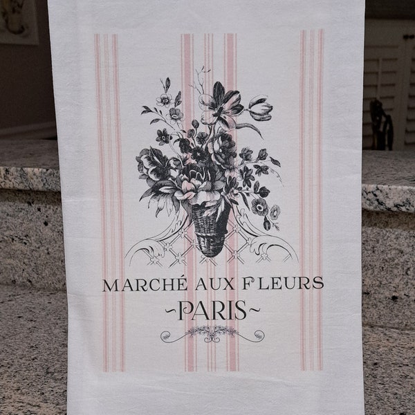 French Vintage Paris Marche Aux Fleurs Tea Towel, French Floral Farmhouse Linens, Pink Grain Sack Striped Flour Sack Towel, Gifts for Her