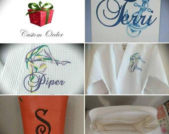 Custom Order Monogrammed Waffle Weave Robes & Cosmetic Bags, Personalized Cross Body Purse,  One Set of Six Items.
