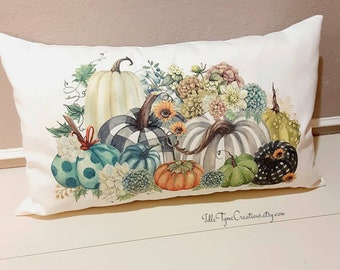 Fall Pillow Cover, Pumpkins, Hydrangeas & Sunflowers Lumbar Pillow, Autumn Porch Pillow, Accent Pillow, Throw Pillow, Custom Pillow Covers
