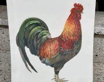 May include: A white rectangular kitchen towel featuring a detailed illustration of a rooster with vibrant red, orange, and yellow neck feathers and dark green tail feathers. The text IdleTymeCreations.etsy.com is printed in red at the bottom.
