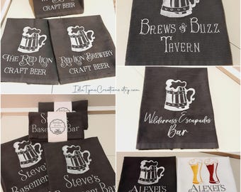 Personalized Bar Towel, Embroidered Towel, Beer Mug Bar Mop, Custom Bar Gift, Cotton Hand Towel, Craft Beer, Home Bar Decor