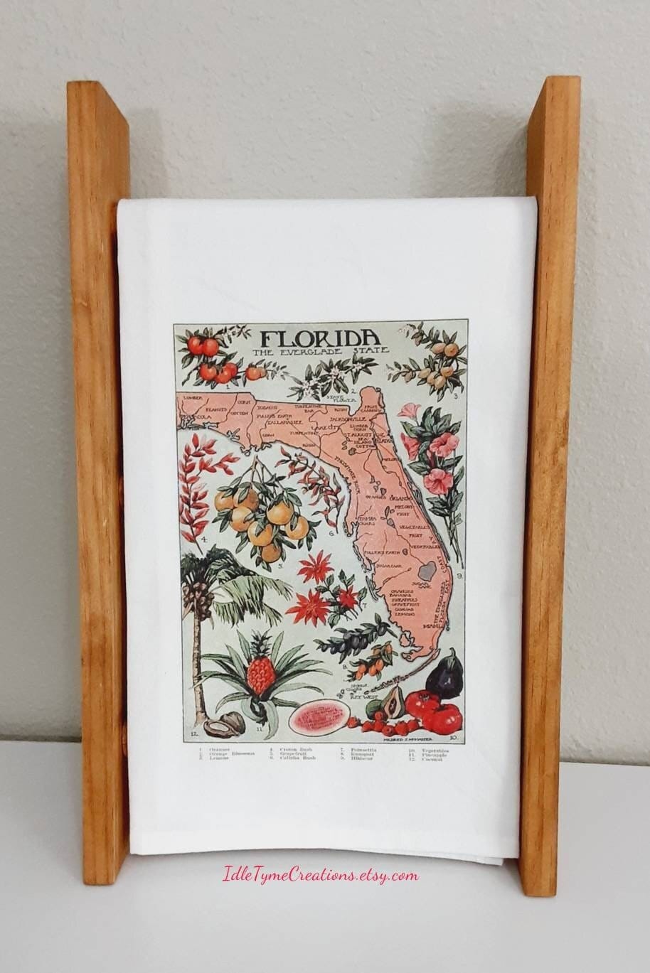 Vintage Florida Map Tea Towel, Botanical Flour Sack Towel, Florida Bar Towel, Citrus Fruit Kitchen Towel, Guest Towel, Housewarming Gift