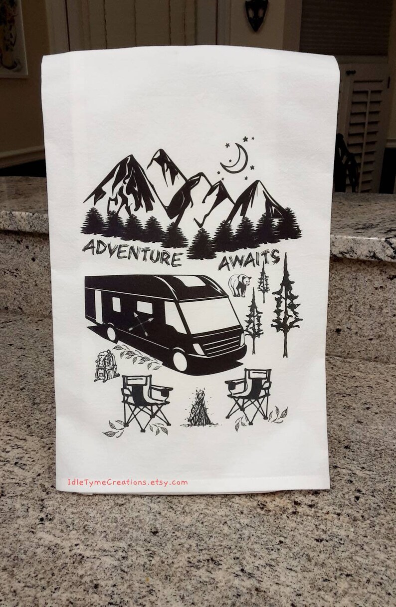 Camping Tea Towel Adventure Awaits Flour Sack Towel RV Etsy