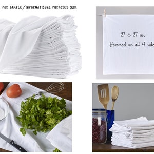 May include: A stack of 27 x 27 inch white kitchen towels, hemmed on all four sides. The towels are folded and stacked on a white surface. The towels are also shown being used in a kitchen setting.