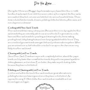 May include: A white informational document titled Flour Sack Towels with black text explaining the history and uses of flour sack towels. The page features two floral illustrations of yellow sunflowers and a circular logo for IdleTyme Creations.