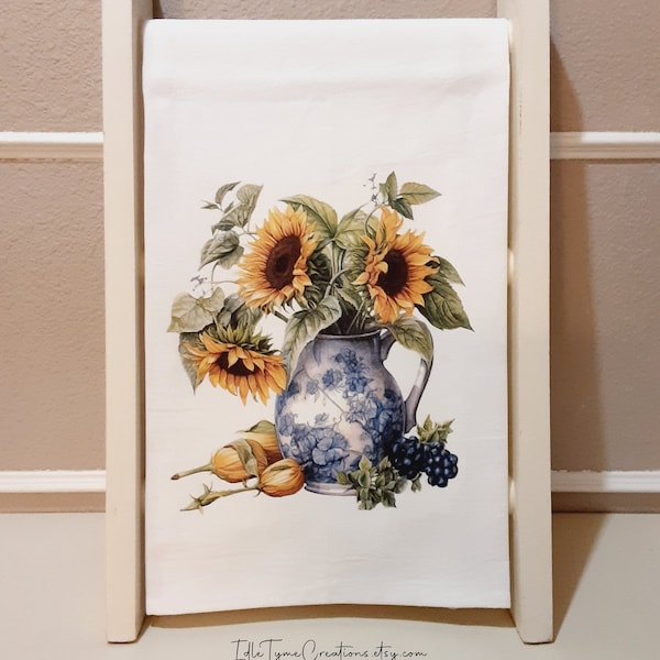 Sunflower Tea Towel, Colbalt Blue White Pitcher, Flour Sack Towel, Botanical Farmhouse Linens, Kitchen Decor, Guest Hand Towel, Gift for Her