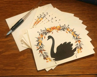 Note Cards, Stationery, Set of 8 Blank Note Cards, Black Swan & Wreath Note Cards with Envelopes, Folded Greeting Cards, Thank You Notes.