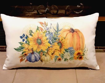 Fall Pumpkins & Sunflowers Lumbar Pillow Cover, Autumn Porch Decor