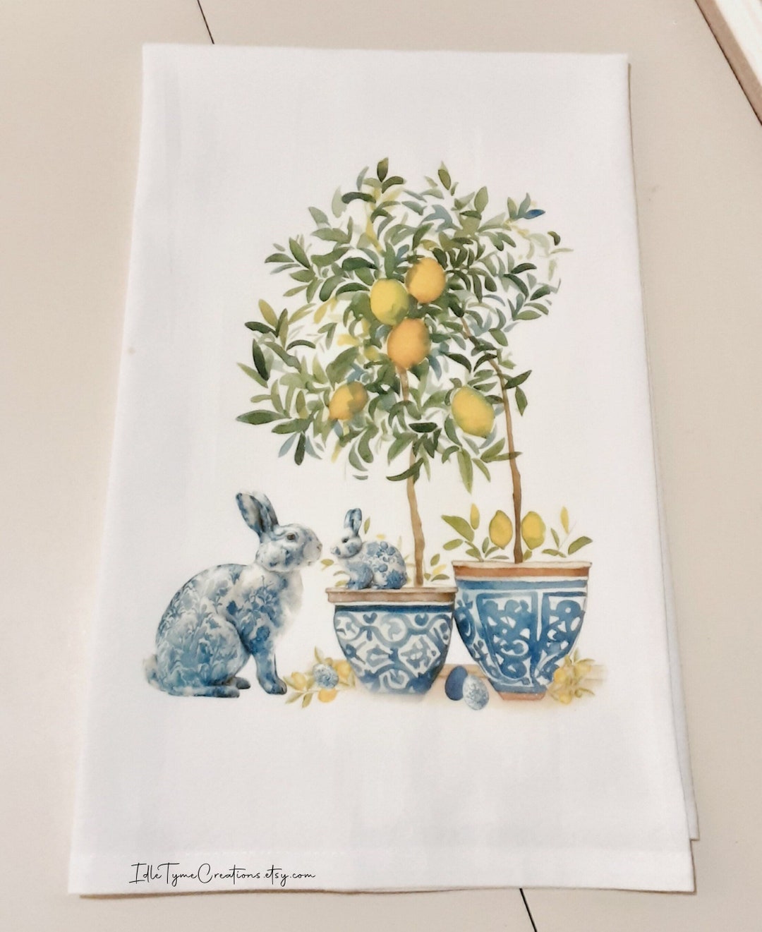 Lemons & Chinoiserie Rabbit Tea Towel, Blue White Floral Rabbit, Easter ...