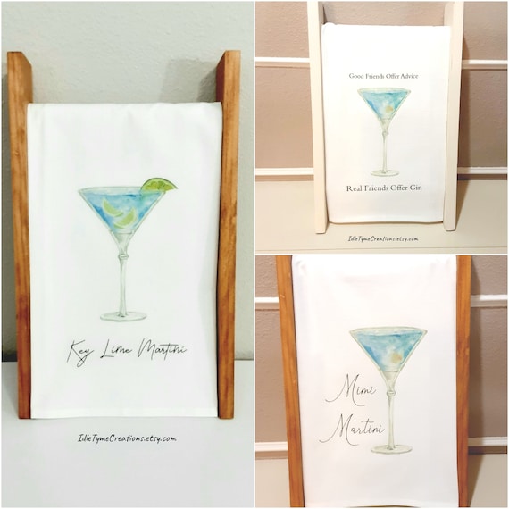 Martini Bar Towel, Personalized Kitchen Tea Towel, Blue Gin