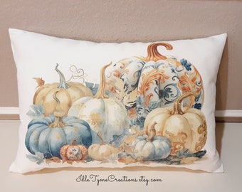 Fall Pillow Cover, Blue White Beige Pumpkins, Lumbar Pillow, Autumn Porch Pillow, Farmhouse Accent Pillow, Throw Pillow, Custom Pillow Cover