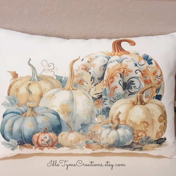 Fall Pillow Cover, Blue White Beige Pumpkins, Lumbar Pillow, Autumn Porch Pillow, Farmhouse Accent Pillow, Throw Pillow, Custom Pillow Cover