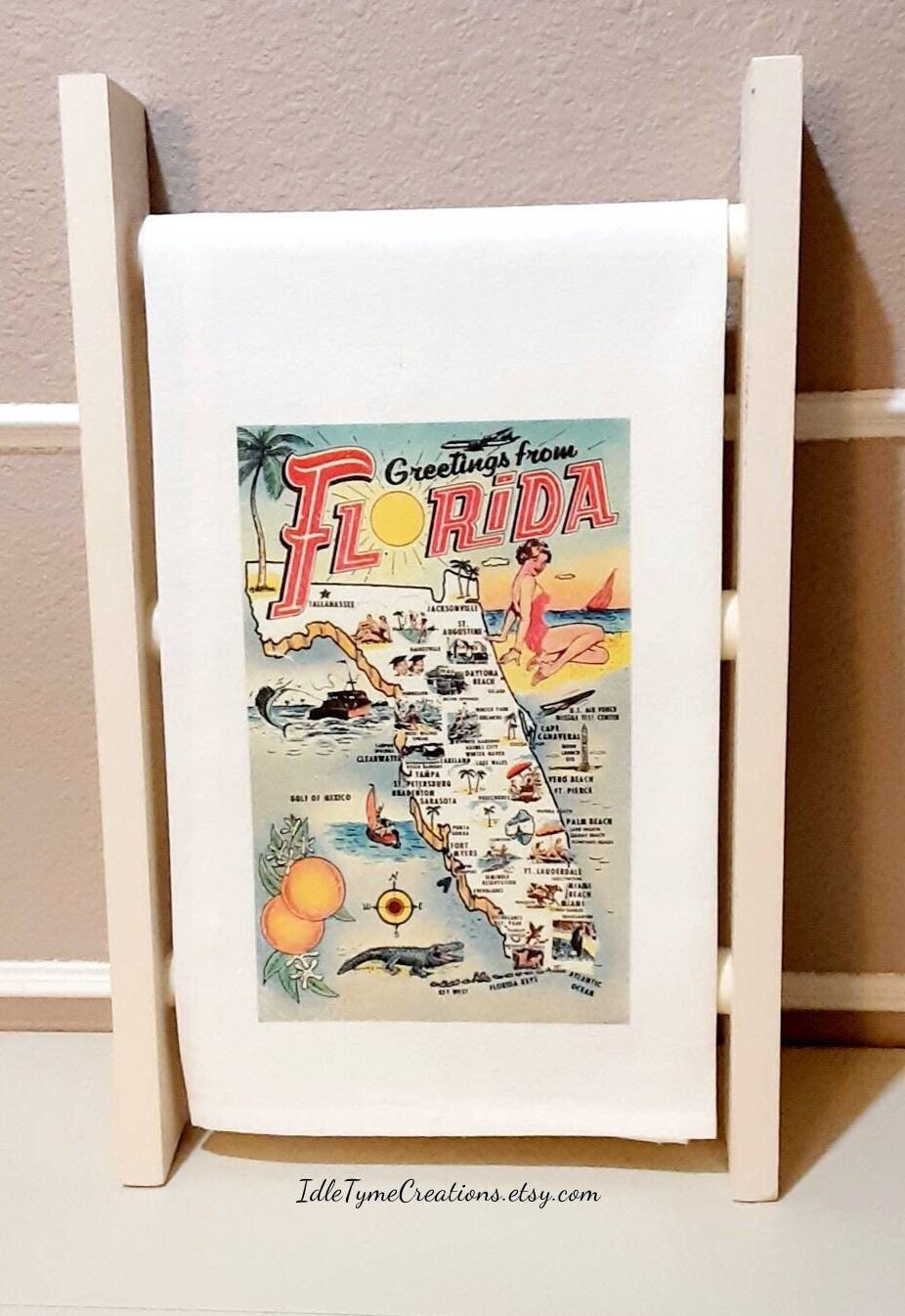 Florida Map Tea Towel, Vintage Greetings From Florida Printed Towel, Custom Flour Sack Towel, Farmhouse Linens, Bar Towel, Guest Towel