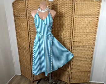 Vintage 1970s Turquoise Stripe Halter Dress with Spaghetti Strap Ties + Belt, Bee Darlin, Vacay, Picnic, Garden Party, 34” B, 27” W, 40”H