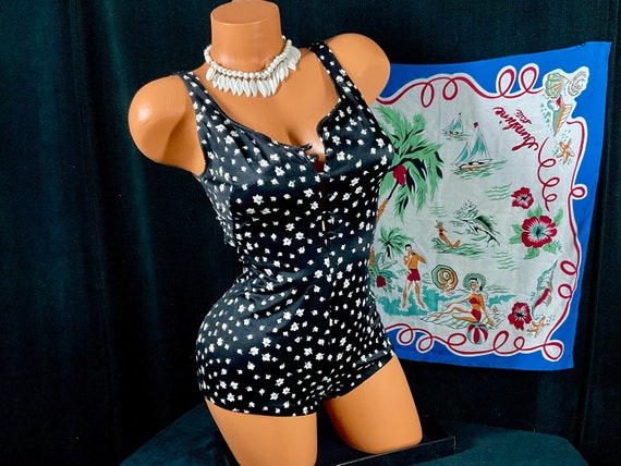 Maxine of Hollywood Vintage Monokini Swimsuit W prairie Floral Plunging Neckline Boy Cut Legs 28 32 Bust Etsy