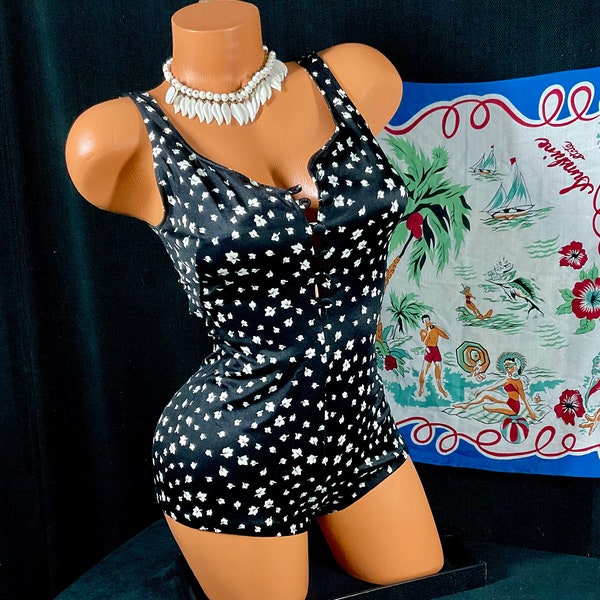 Maxine of Hollywood Vintage Monokini Swimsuit w/Prairie Floral, Plunging Neckline & Boy Cut Legs, 28-32” Bust