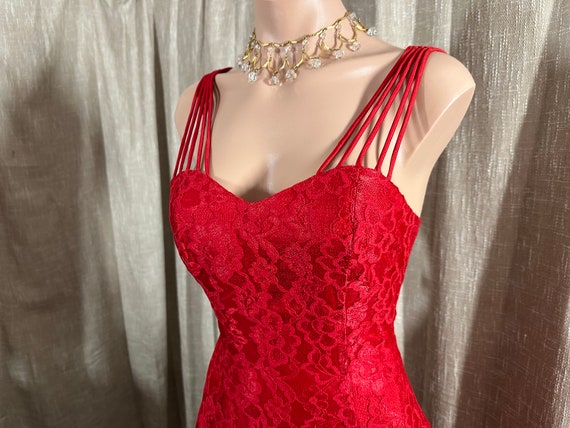 Vintage 1980s Lipstick Red Lace Party Prom Dress … - image 4