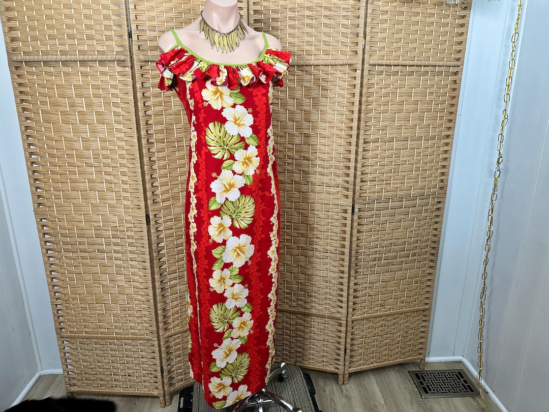 Vintage 1980s Cold Shoulder Hawaiian Maxi Dress W/ruffles, Tropical ...
