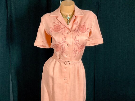 NOS Vintage 1950s 1960s Peach Linen Shirt Dress w… - image 1