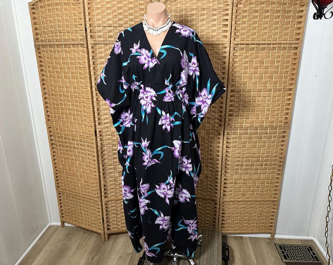 Vintage 1970s 1980s Hawaiian Maxi Dress Caftan Kaftan W/purple Orchid ...