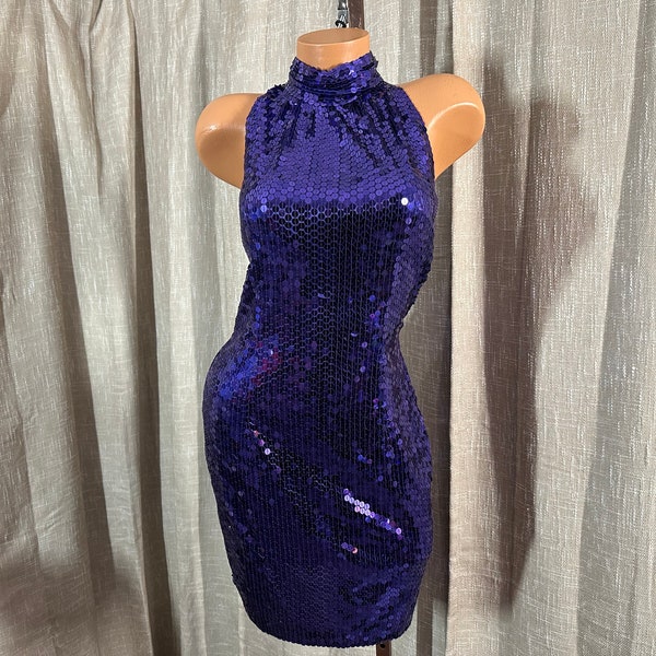 Vintage 1980s Shimmering Purple Sequin Halter Mini Dress by Della Roufogali for Nite Line, Studio 54 Disco Diva, Mob Wife, 34-37”B, 34-37” H