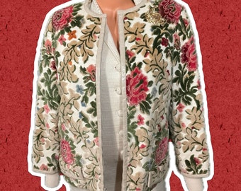 Boho Chic Floral Velvet Cut Chenille 1960s Mod Audrey Style Carpet Bag Coat Crop Moto Jacket w/Leather Trim, Bullock’s Wilshire Label, Small