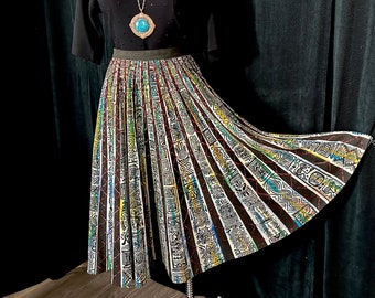 Vintage 1950s 1960s Hand Painted Mexican Souvenir Circle Skirt w/Aztec Figures, Translucent Zig Zag Sequins, 27”W, 200” Sweep