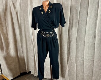 Vintage 1980s Glam Goth Goddess Jumpsuit Playsuit w/Handset Studs & Rhinestone Cabochons, Pleated Pants, 42” Bust, 26-31”Waist, 44” Hip