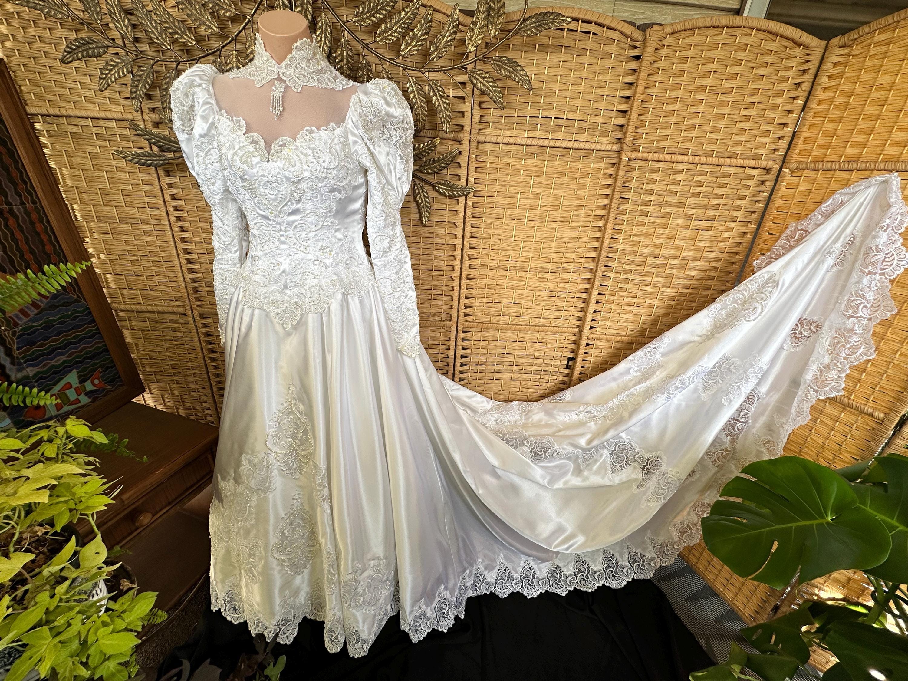 Schiffli Embroidered Victorian Satin Gown