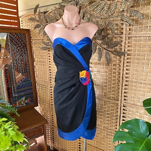 Vintage 1980s AJ Bari Strapless Bustier Cocktail Dress, Sunburst Draping w/Satin Rosettes, Curvy Bombshell Starlet, XS/S, 33”B, 26”W, 35”H