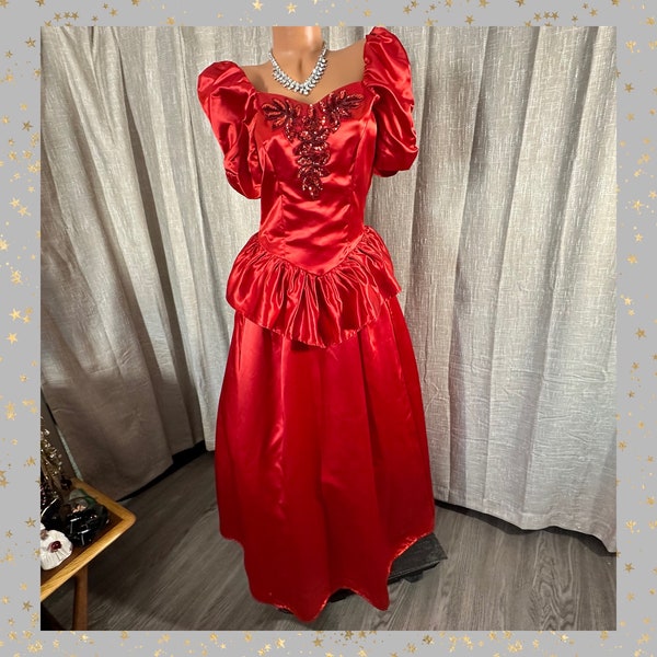 Vintage 1980s Lipstick Red Satin Maxi Dress w/Puff Sleeves + Peplum, Sequin Leaves, Bridesmaid, Retro Prom, 80s Theme Party, 34”B, 28”W