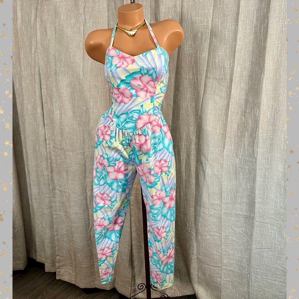 Vintage 1970s Bustier Jumpsuit w/Convertible Halter Straps, Smocked Back, Hibiscus Floral, Miami Vice Colors, 30-36”B, 24-28” W, 40”Hip