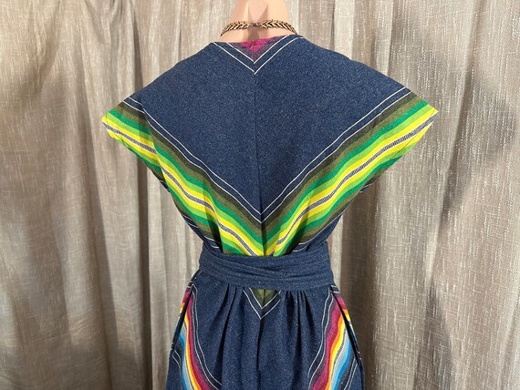 Vintage 1970s Handwoven Denim Chevron Rainbow Dre… - image 6