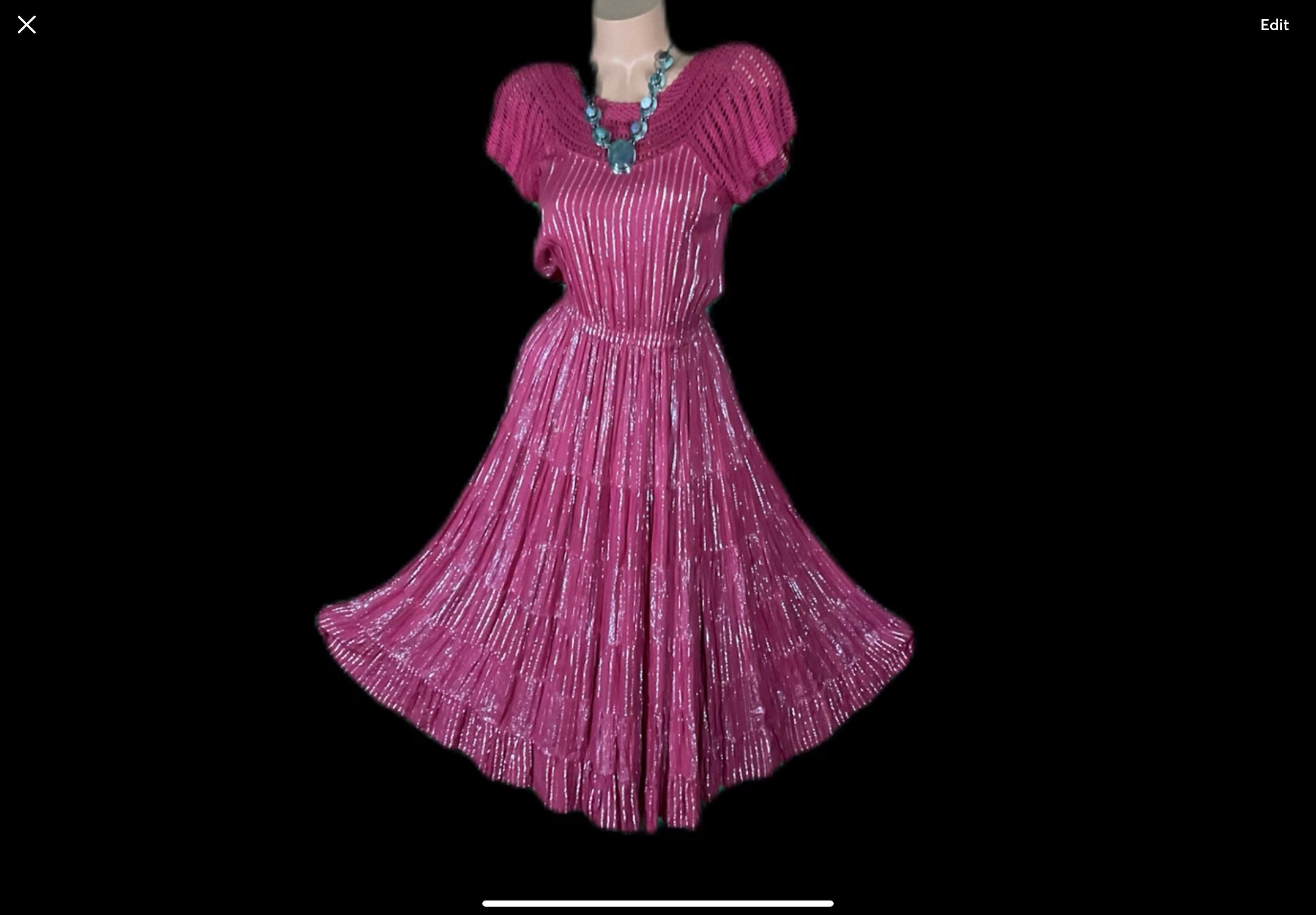 Vintage Tiered Gypsy Stevie Boho Dress, Burgundy Crinkle Gauze w/Silver Stripes + Crochet Yoke Detail, Small