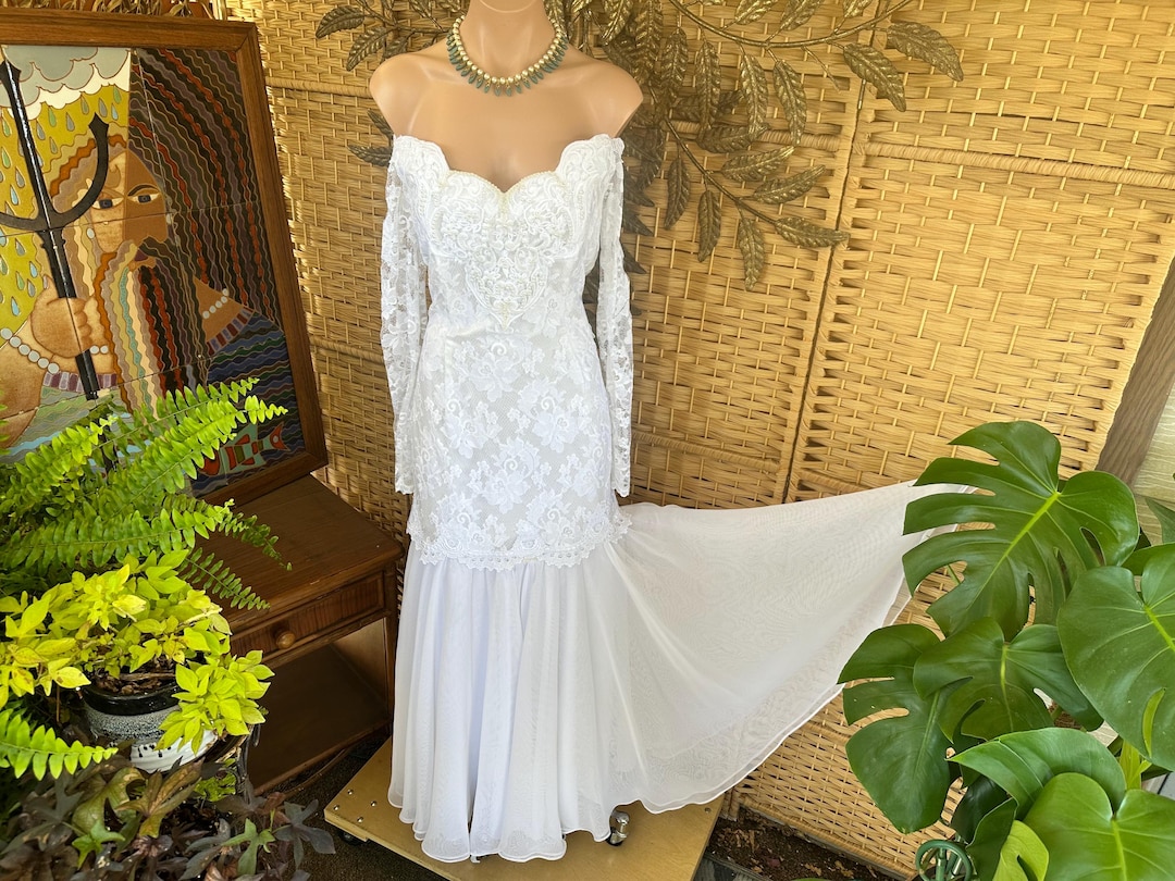 Vintage 1990s Jessica McClintock Strapless Mermaid Bridal Wedding Gown, White Lace w/Venise Lace + Pearls, Chiffon Skirt, 35"B, 28"W, 36" H