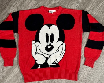 Vintage 1990s Mickey Mouse Intarsia Knit Pullover Sweater w/Rugby Stripe Sleeves, JG Hook for Mickey + Co, Medium /Lg