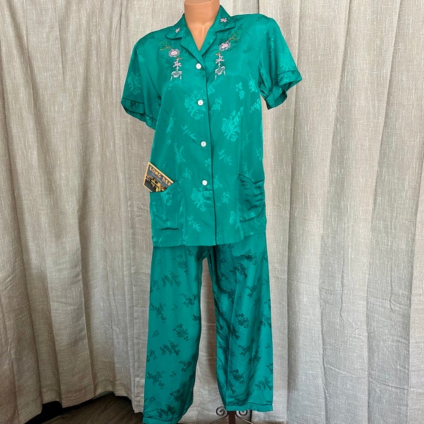 Vintage NOS Jade Green Chinese Jacquard Rayon Pajama Set w/Hand  Embroidered Flowers, 41”B, 42”H