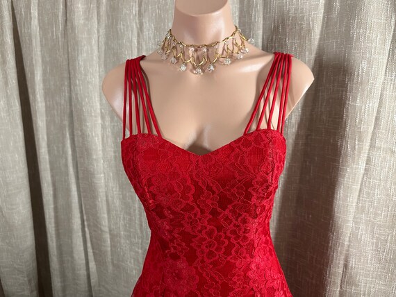 Vintage 1980s Lipstick Red Lace Party Prom Dress … - image 2
