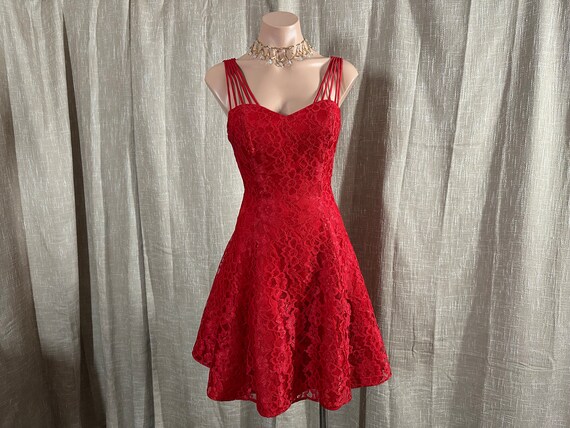 Vintage 1980s Lipstick Red Lace Party Prom Dress … - image 3