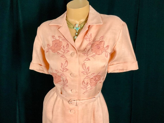 NOS Vintage 1950s 1960s Peach Linen Shirt Dress w… - image 3