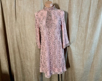 Vintage 1960s Pink + Silver Beaded Lace Cocktail Party Dress, Bell Sleeves, Roy Gaynor for Jean Lutece, Hong Kong Beading, Palm Royale, 34”B