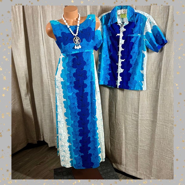 Vintage 70s Hawaiian 2pc Tiki Honeymoon Set, Ui Maikai Hibiscus Barkcloth Maxi Dress w/Floating Panels + Matching Aloha Shirt, 34”B, 42” Pit