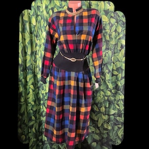 Vintage 70s does 50s Buffalo Check Plaid Flannel Shirtwaist Dress w/Curvy Knit Midriff, NOS w/Orig. Price Tag, Large, 44”B / 26-33”W / 48”H
