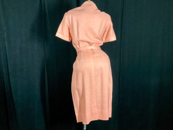 NOS Vintage 1950s 1960s Peach Linen Shirt Dress w… - image 4