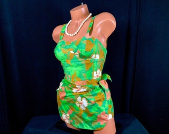 Hawaiian Siren Vintage 1950s 1960s Pinup Sarong Swimsuit Playsuit w/Elasticized Shirring, 30/32” Bust, 22/24” Waist, Robby Len Label