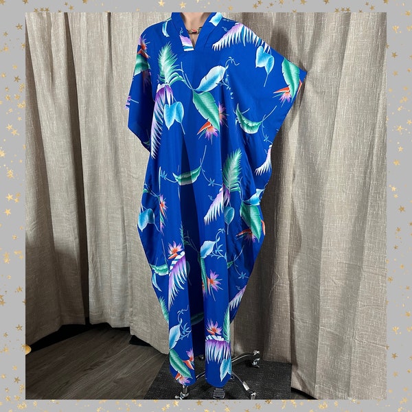 Vintage 1970s Floaty Hawaiian Maxi Dress Caftan Kaftan w/Bird of Paradise Print, Tie Belt, Mrs. Roper, Palm Royale Style, OSFM, 52”W