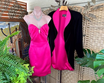 Vintage 1980s / 1950s Hot Pink Cocktail Dress Set w/Blk Velvet Coat, Rhinestone Pin, Bombshell Marilyn, Karen Okada Label, 34”B, 29”W, 37”H