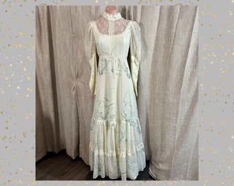 Vintage 70s Victorian Romantic Gunne Sax Maxi Dress, Floral Voile w/Lace Yoke, Puffy Bishop Sleeves, Garden Party, Wedding, Bridesmaid, 35”B