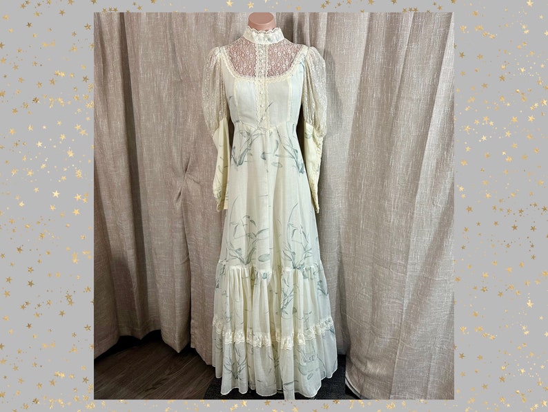 Vintage 70s Victorian Romantic Gunne Sax Maxi Dress, Floral Voile w/Lace Yoke, Puffy Bishop Sleeves, Garden Party, Wedding, Bridesmaid, 35B image 1